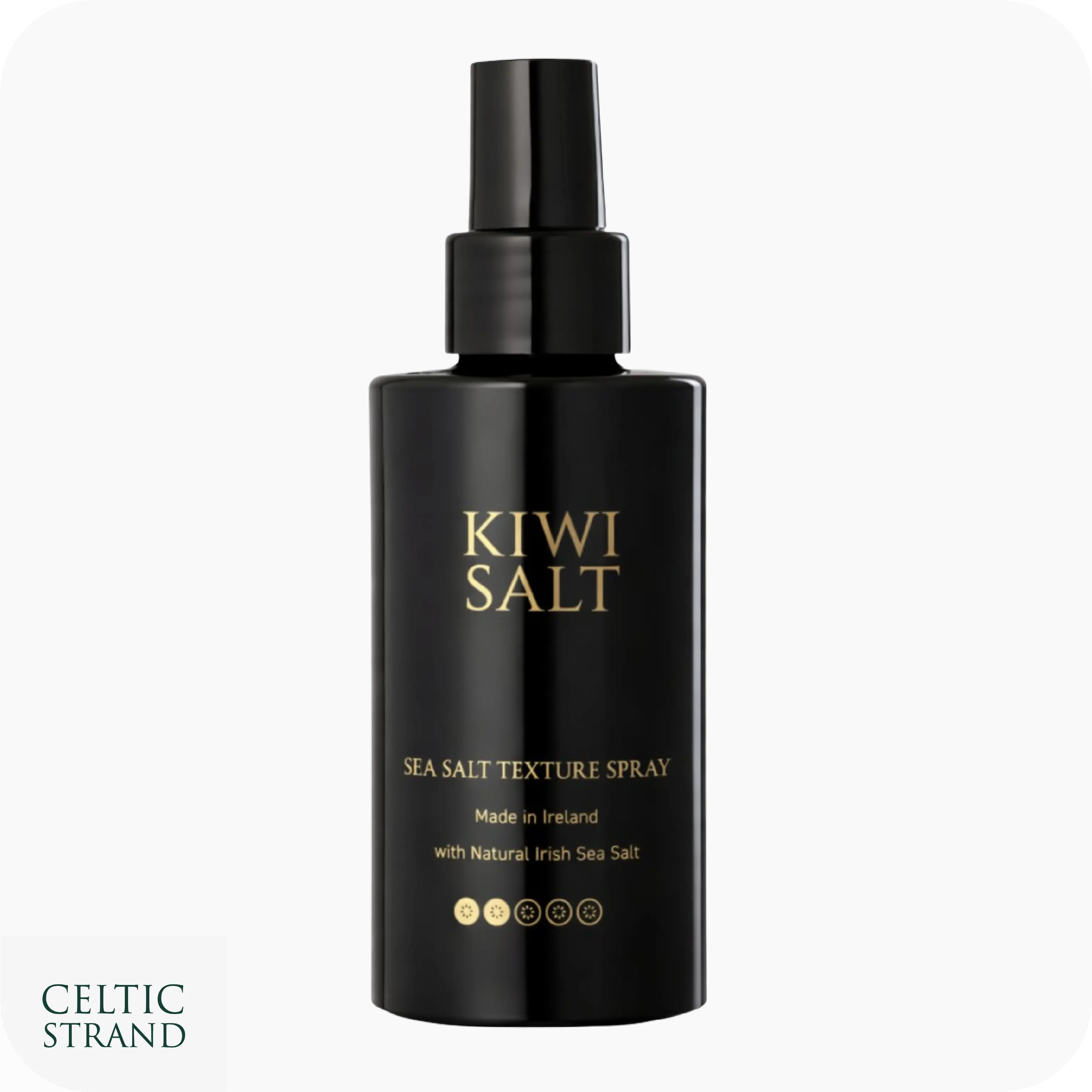 Black spray bottle labeled 'Kiwi Salt' on a white background