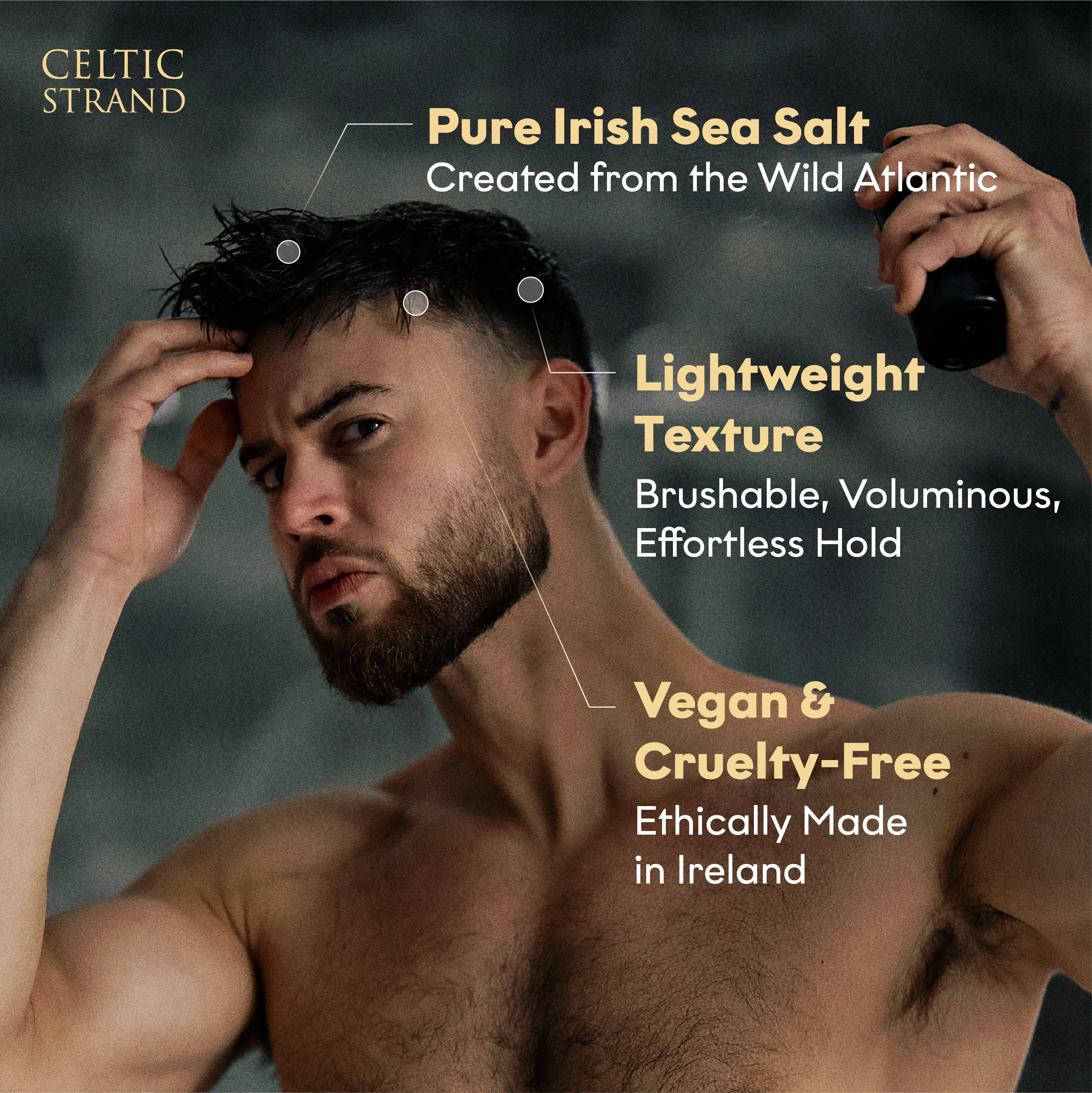 Man with beard applying KiwiSalt spray to damp dark hair, with callouts highlighting Irish sea salt and lightweight texture.
