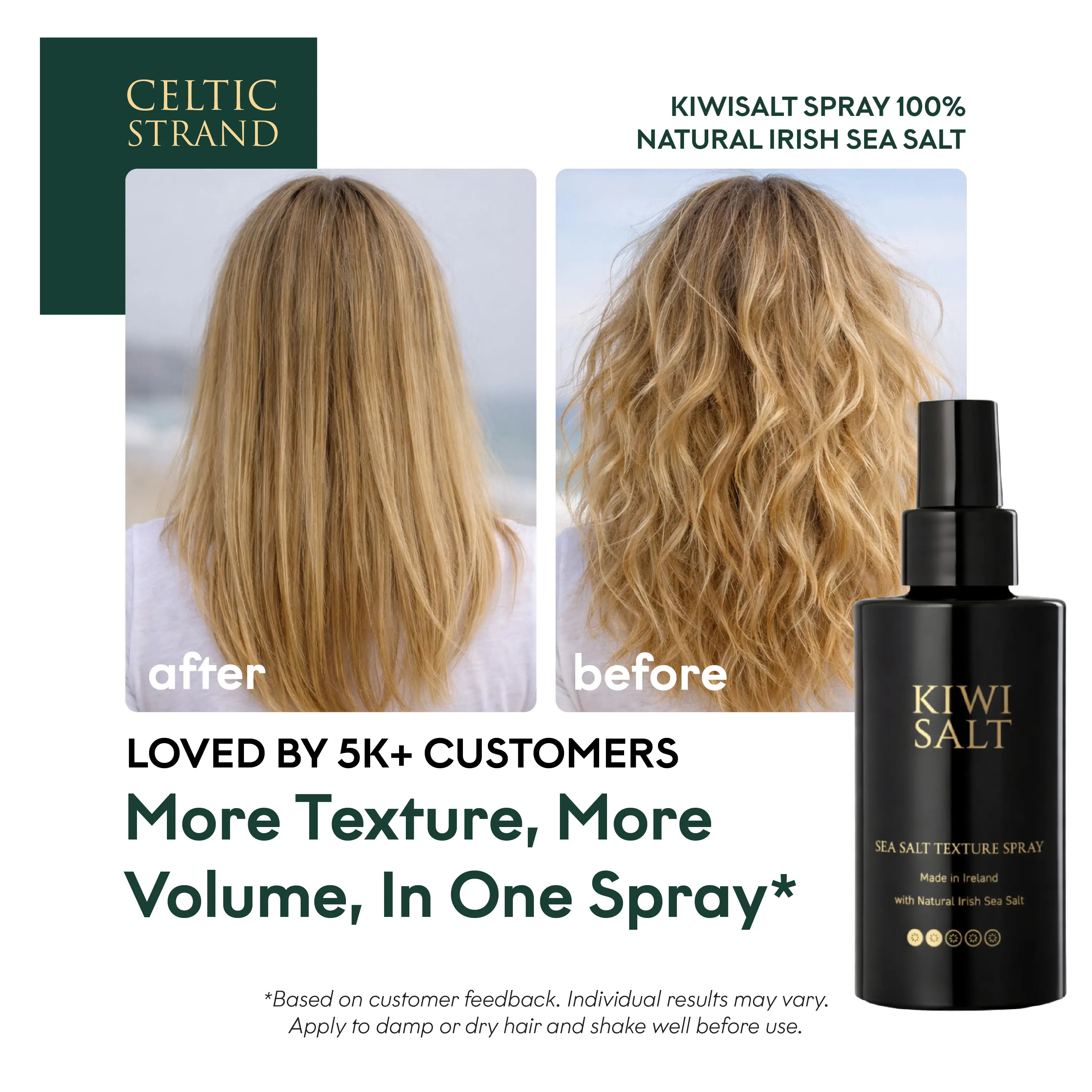 Before and after comparison of blonde hair styled with Celtic Strand's KiwiSalt Sea Salt Texture Spray